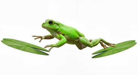 Vibrant Green Frog Mid-Leap on Two Large Green Leaves Isolated Against a White Background