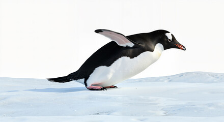 A Gentoo Penguin on an Ice Floe with a White Background Capturing a Moment of Movement and Balance