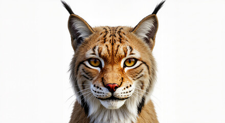 Close-up portrait of a Eurasian lynx head with distinctive ear tufts and yellow eyes against a clean white background © DEGE