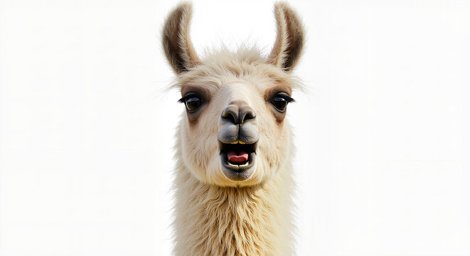 Close up portrait of a white llama with its mouth open against a clean white background in a studio setting