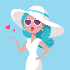 Charming cartoon woman wearing a wide brimmed white hat and heart shaped sunglasses blowing kisses with pink hearts floating in the air isolated on transparent background