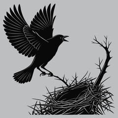 Sparrow taking off from nest silhouette vector design art and illustration