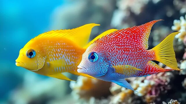 Two colorful fish in a coral reef environment.