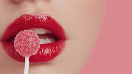 Captivating allure of a model's lips adorned with glossy red lipstick, playfully holding a shimmering lollipop against a soft pink background