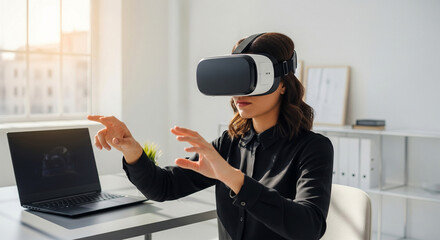 Businesswoman Using Virtual Reality Simulator with Laptop in Office