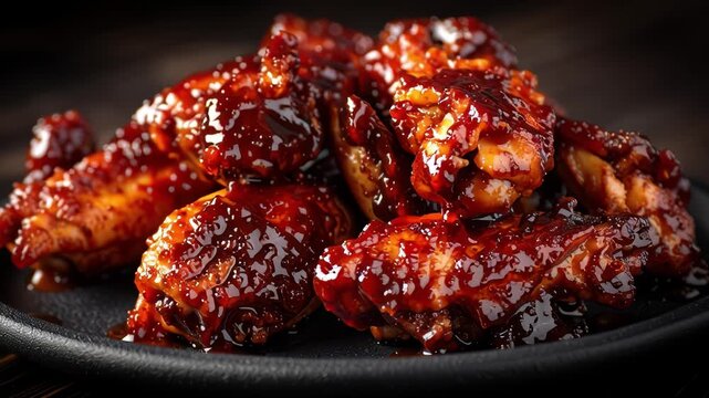 Delicious bbq chicken wings garnished with sesame seeds on black plate