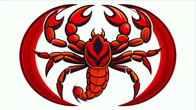 A stylized, vibrant red scorpion framed by a curved, red oval