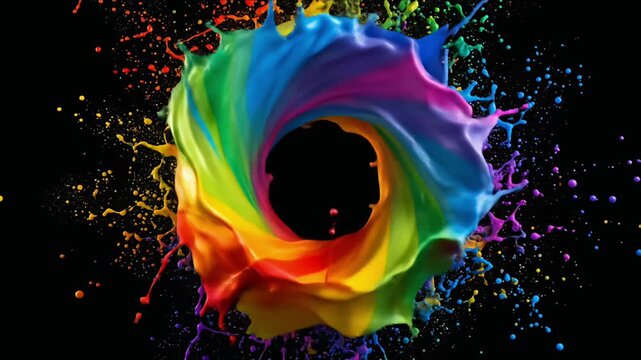 A swirling vibrant spectrum of paint, bursting outwards on black