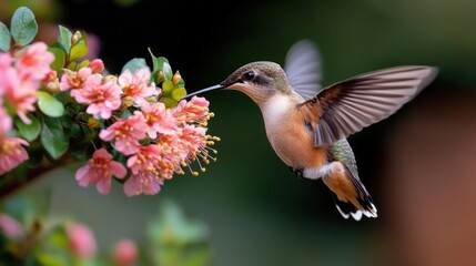Naklejka premium Hummingbird sipping nectar from pink flowers in flight