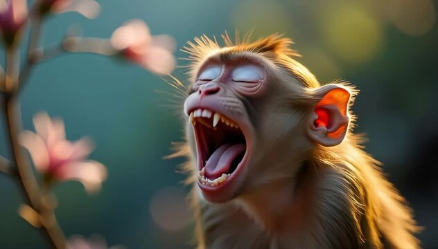 Crab eating macaque laughing with hoots and chatter