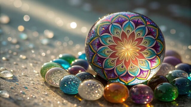 Ornate mandala pattern easter egg surrounded by colorful marbles