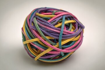 Colorful rubber bands tightly wound into a sphere (3)