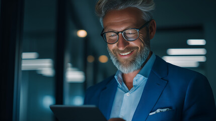 Tech-Savvy Professional: A confident, professional figure, illuminated in the modern office, uses a tablet computer. This image suggests a story of achievement, dedication.