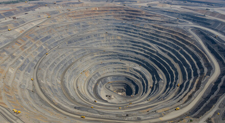 Aerial View of an Open-Pit Mine with Terraced Levels and Heavy Machinery, Mining Industry Landscape with Spiral Terraces and Extraction Equipment