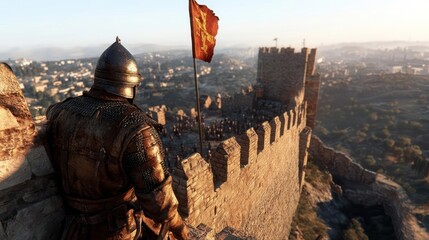 Medieval Knight Surveying His Kingdom From Castle Ramparts