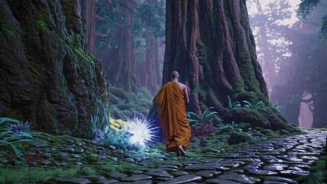 A serene video scene of a monk walking through a mystical forest. Shot from a low angle, showcasing towering trees and vibrant foliage.