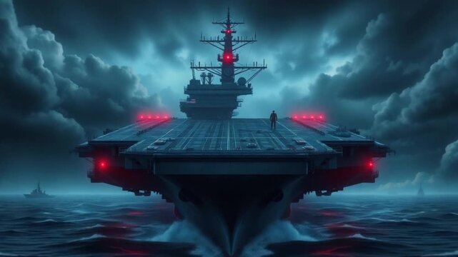 Aircraft carrier with a person standing on deck at night with ominous clouds