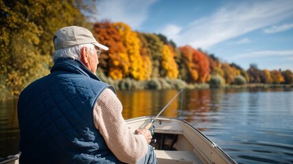 Senior fisherman enjoying autumn fishing on calm lake