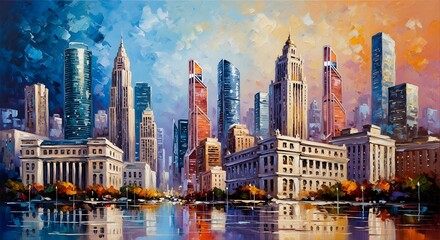 Naklejka premium Cityscape Panorama Oil Painting – Artistic Urban Landscape with Beautiful Buildings