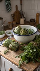 Artichokes in enamel bowl with herbs