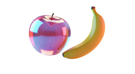 Illustration of a banana next to a shiny apple