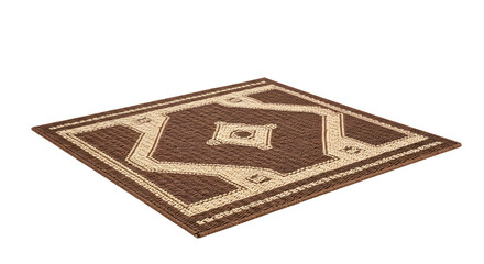 A beautifully designed brown rug with intricate patterns, displayed at an angle to highlight its texture and design