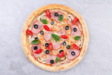 Rustic Ham and Olive Pizza with Cherry Tomatoes and Basil