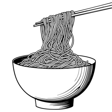 recommend clip art: Delicious bowl of noodles with chopsticks in black and white line art