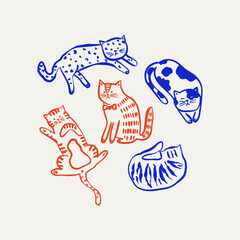 Hand-drawn cat clipart set featuring cute and quirky kittens in a trendy doodle style. Perfect for stickers, prints, cards, and digital projects.