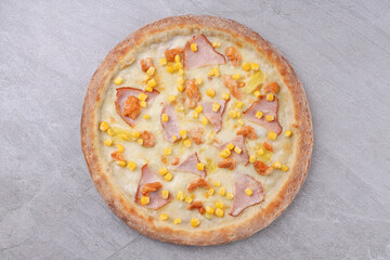 Creamy White Pizza with Ham, Sweet Corn Kernels and Shrimp Bites