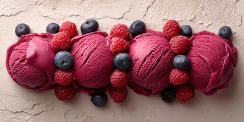 A lot of big scoops of creamy magenta and bright pink marbled fruit ice cream are arranged together on a pale cream white slate stone background,