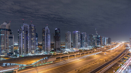 Aerial top view to Sheikh Zayed road near Dubai Marina and JLT timelapse, Dubai.