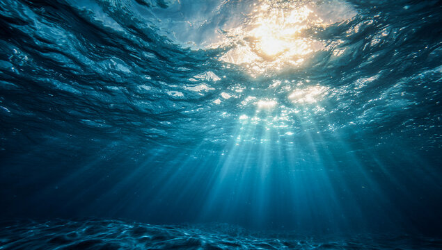Underwater View of Sunlight Piercing Waves from Below &ndash; Ideal for Cinematic Ocean Backgrounds or Peaceful Banner Designs