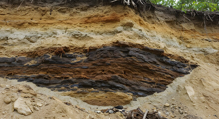 Erosion and geological stratigraphy, a section of earth layers showing soil, rock and sediment formations, Detailed strata of rock soil