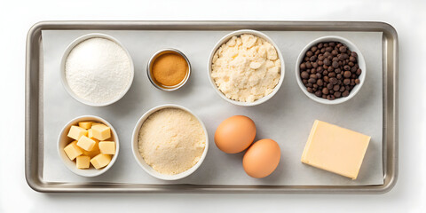 Flat lay cookie dough ingredients on baking sheet