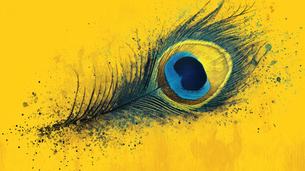 peacock feather illustration isolated on yellow background