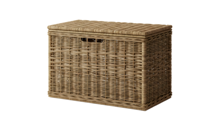 A stylish woven storage basket with a lid, ideal for organizing items in a modern living room or bedroom setting