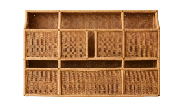 A stylish, woven rattan wall organizer with multiple compartments, ideal for home decor and efficient storage solutions