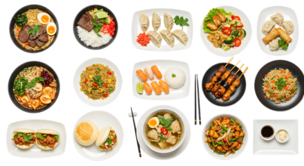 A vibrant assortment of Asian cuisine featuring noodles, dumplings, and rice dishes, beautifully arranged on a table