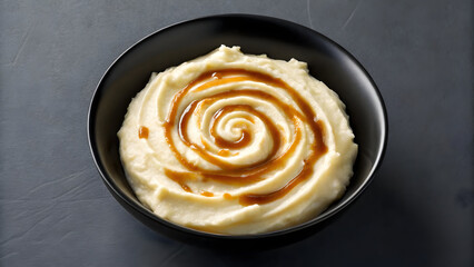 Overhead creamy mashed potatoes gravy swirl black bowl