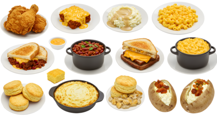 A vibrant assortment of comfort foods featuring fried chicken, mac and cheese, and sides, set against a bright background