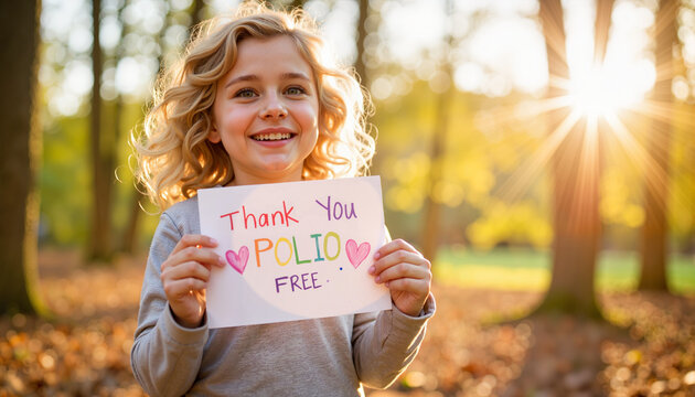 Smiling child holding thank you card in wooded park, gratitude for health