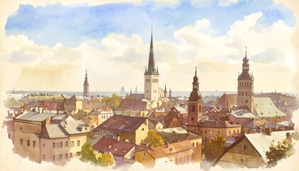 Obraz premium Watercolor cityscape panorama