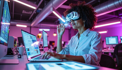 Tech-savvy marketer engaging with augmented reality in futuristic workspace, innovation