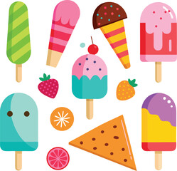 Collection of colorful frozen desserts and sweet treats including ice cream cones popsicles and fruit slices isolated on transparent background