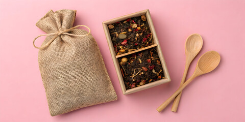 Fototapeta premium Loose leaf tea gift set in burlap bag with wooden spoons pink background