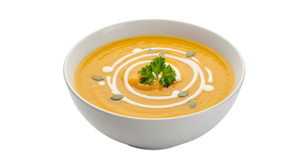 A vibrant bowl of creamy pumpkin soup garnished with herbs and seeds, set against a clean white background