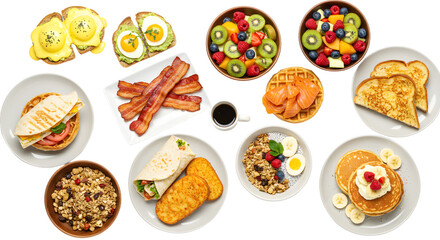 A vibrant breakfast spread featuring pancakes, bacon, eggs, and fresh fruit, set on a bright table with coffee in the background