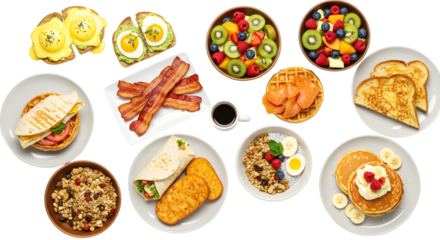A vibrant breakfast spread featuring pancakes, bacon, eggs, and fresh fruit, set on a bright table with coffee in the background