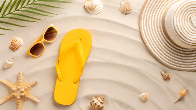 Summer beach flatlay with yellow flip flops and sunglasses - Powered by Adobe